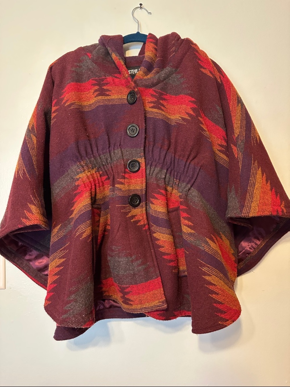 Steve Madden Ruby Cape Blanket Coat Western Aztec Poncho Hooded Jacket